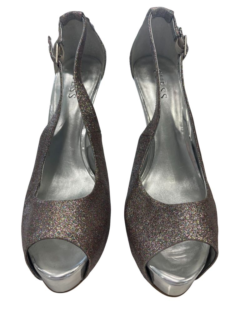 Guess Silver Metallic Stiletto Peep Toe Platform Heels