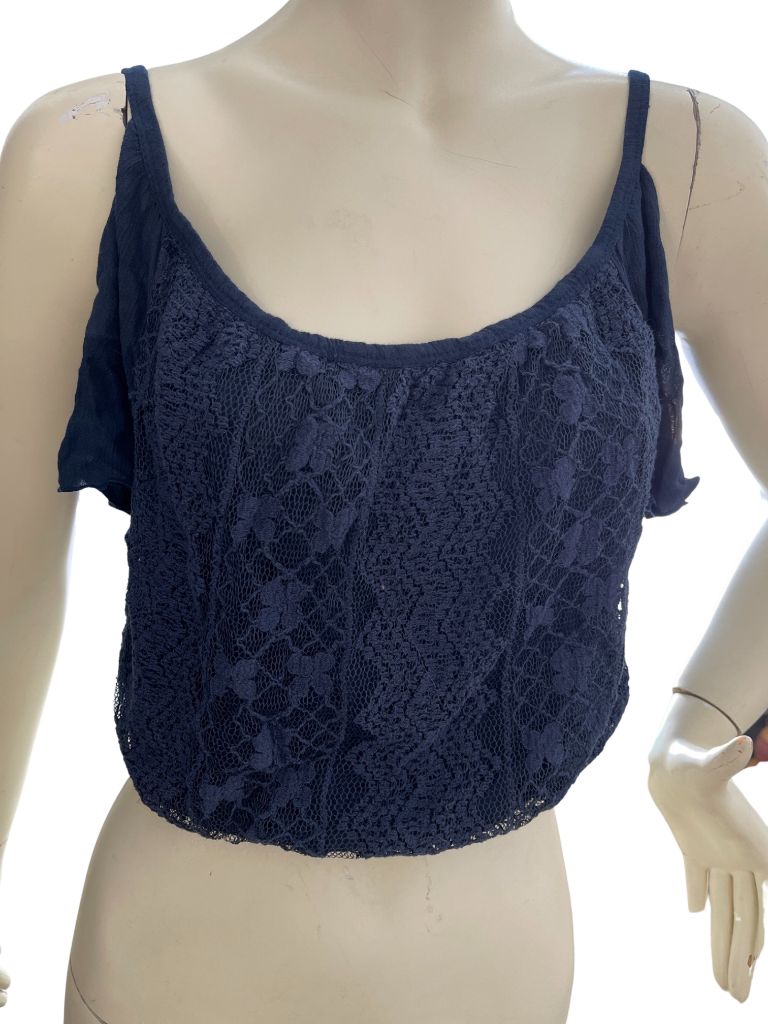 Hollister Blue Crop Tank with Lace Front & Cold Shoulder