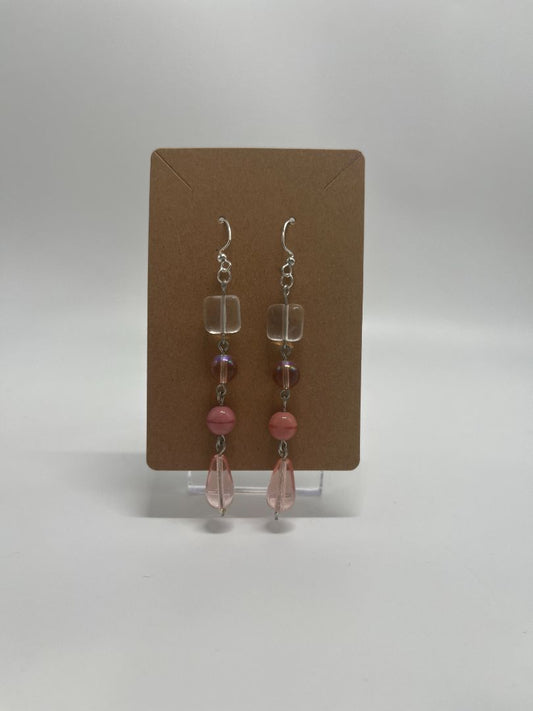 Pink Beaded Long Dangle Earrings | Silver