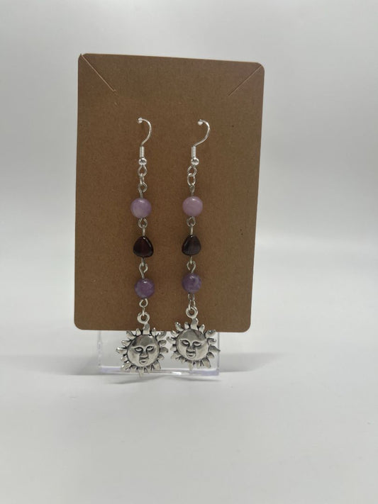 Garnet & Lepidolite Beaded Sun Earrings | Silver