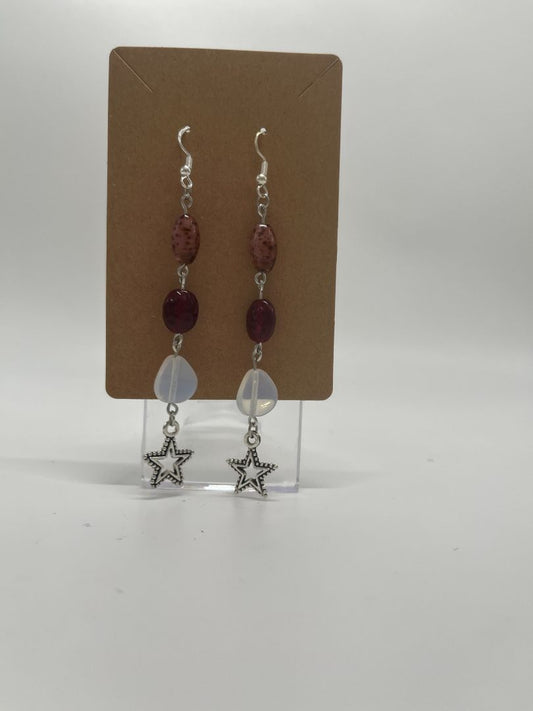 Red & White Star Long Dangle Earrings | Silver