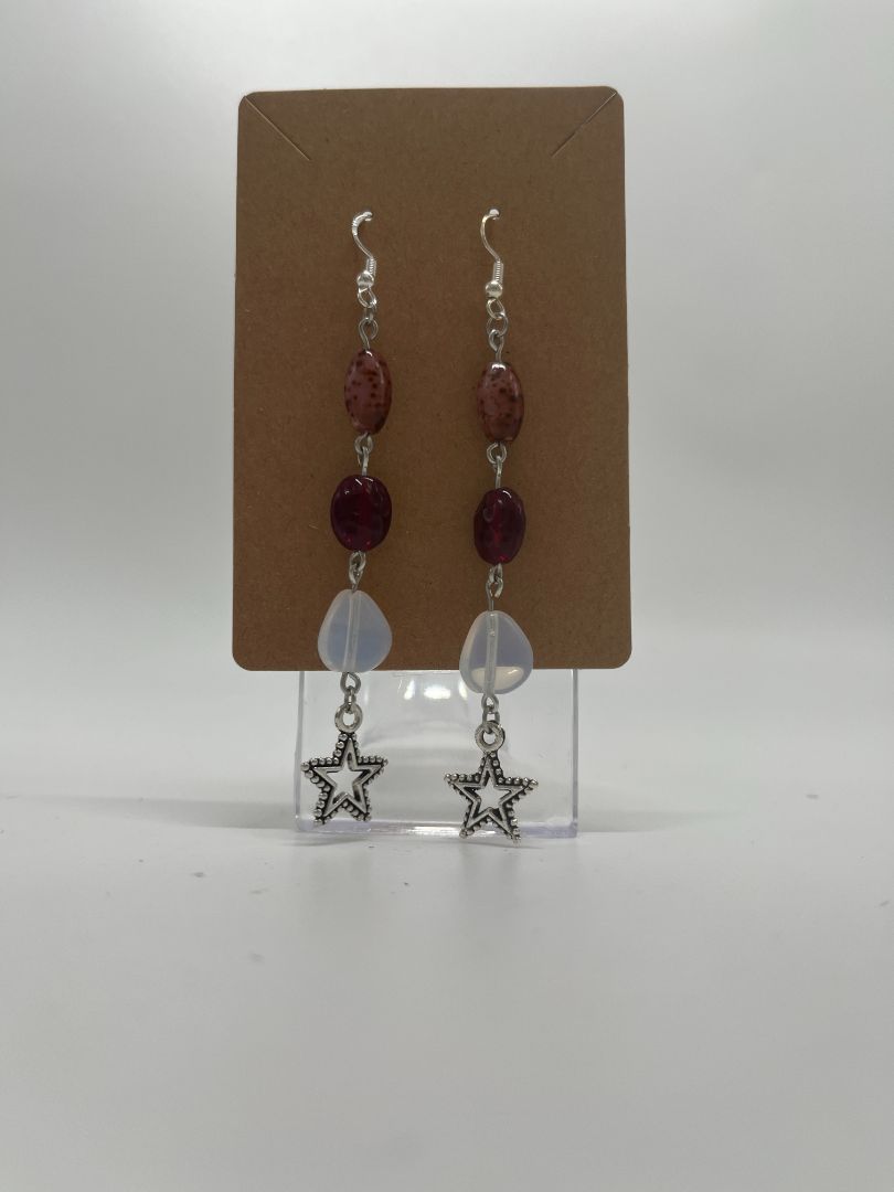 Red & White Star Long Dangle Earrings | Silver