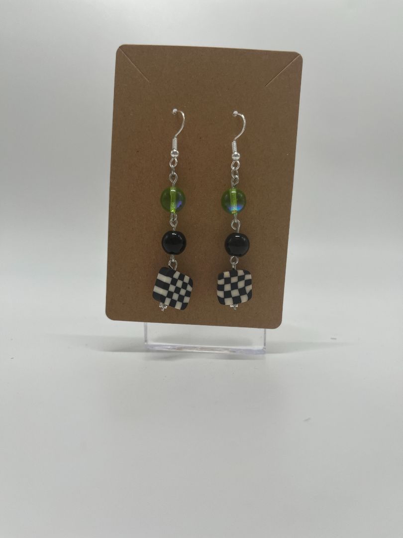 Green & Black Checkered Earrings | Silver