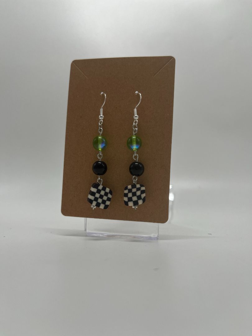 Green & Black Checkered Earrings | Silver