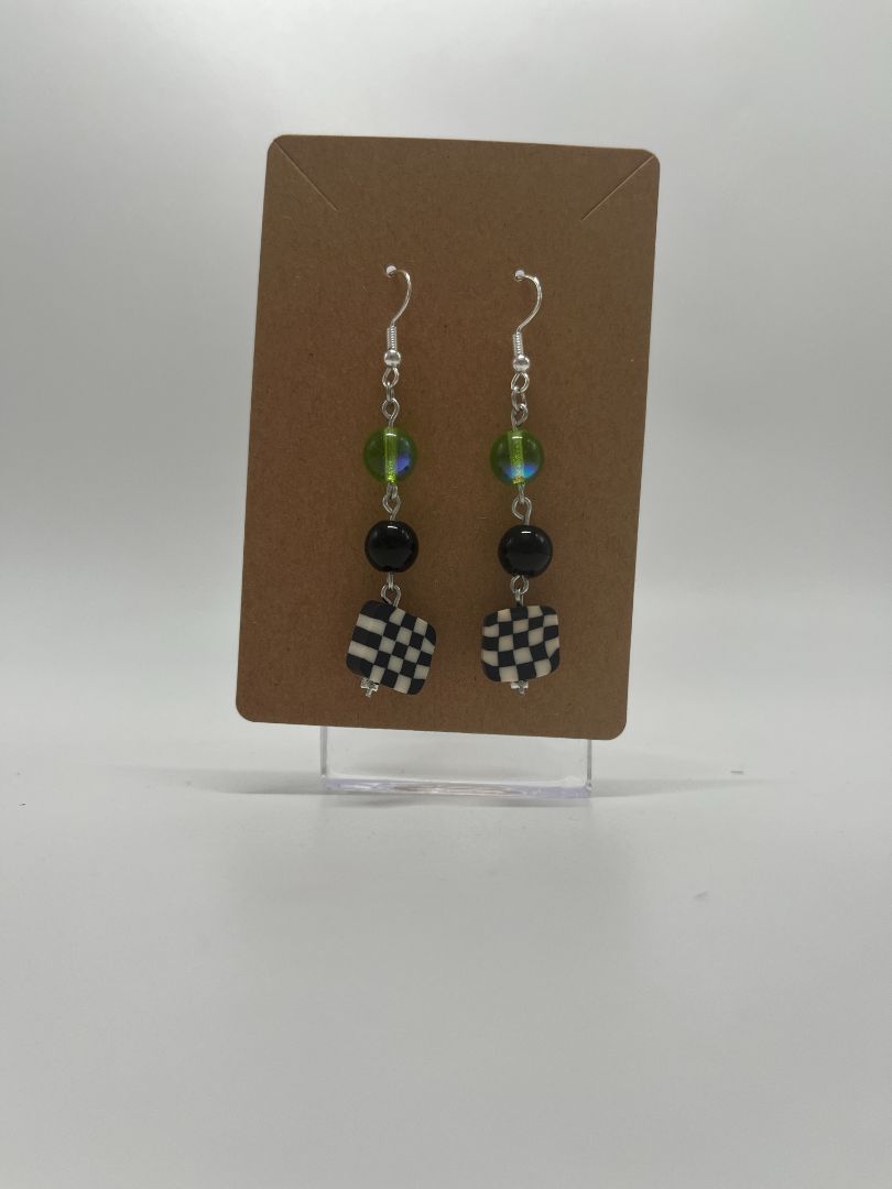 Green & Black Checkered Earrings | Silver