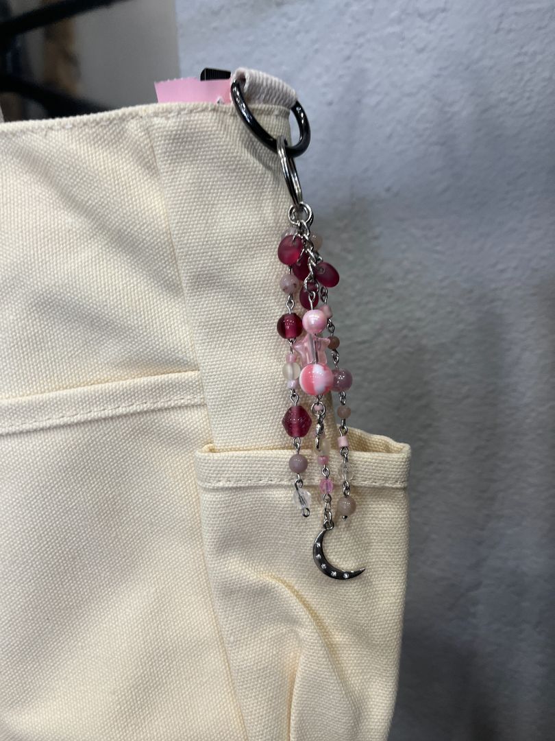 Pink Moon Beaded Bag Charm/Keychain w/ Rose Quartz | Sterling Silver