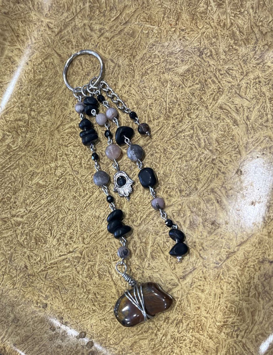 Black Obsidian & Tiger's Eye Beaded Bag Charm/Keychain | Sterling Silver