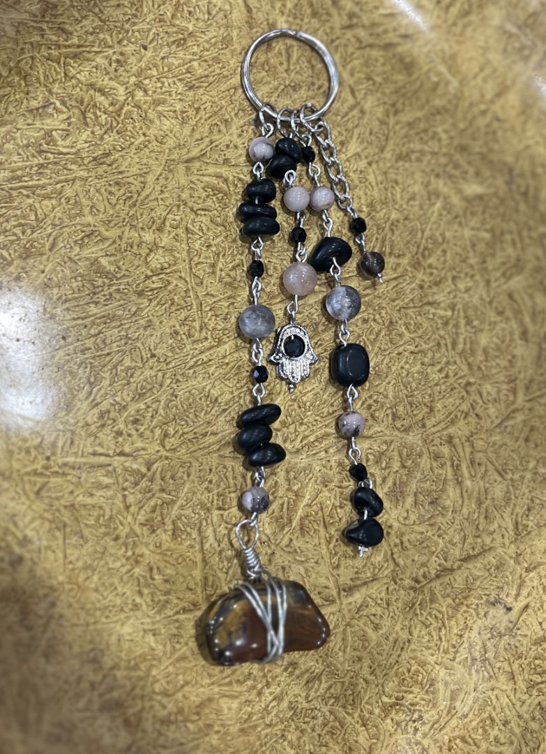 Black Obsidian & Tiger's Eye Beaded Bag Charm/Keychain | Sterling Silver