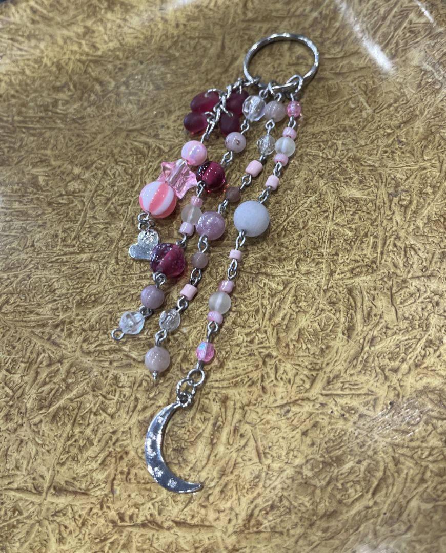 Pink Moon Beaded Bag Charm/Keychain w/ Rose Quartz | Sterling Silver