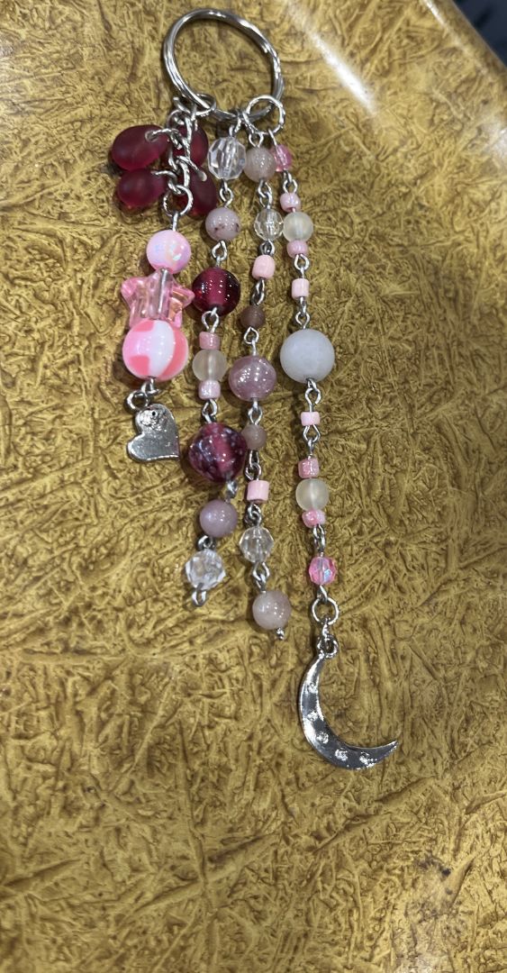 Pink Moon Beaded Bag Charm/Keychain w/ Rose Quartz | Sterling Silver