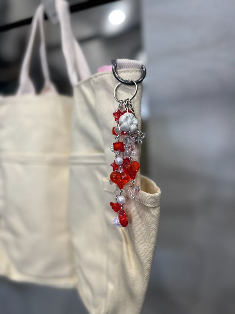 Red Butterfly Beaded Bag Charm/Keychain | Red, Clear, & White | Handcrafted by Recycled Threads