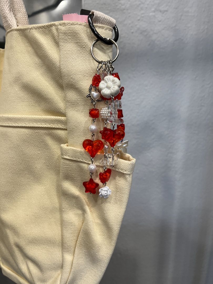 Red Butterfly Beaded Bag Charm/Keychain | Red, Clear, & White | Handcrafted by Recycled Threads