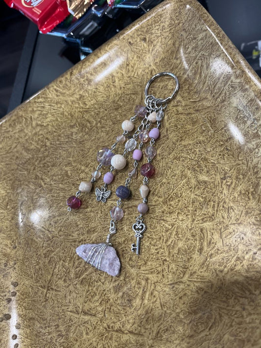 Wire-Wrapped Lepidolite Silver Beaded Bag Charm/Keychain | Handmade