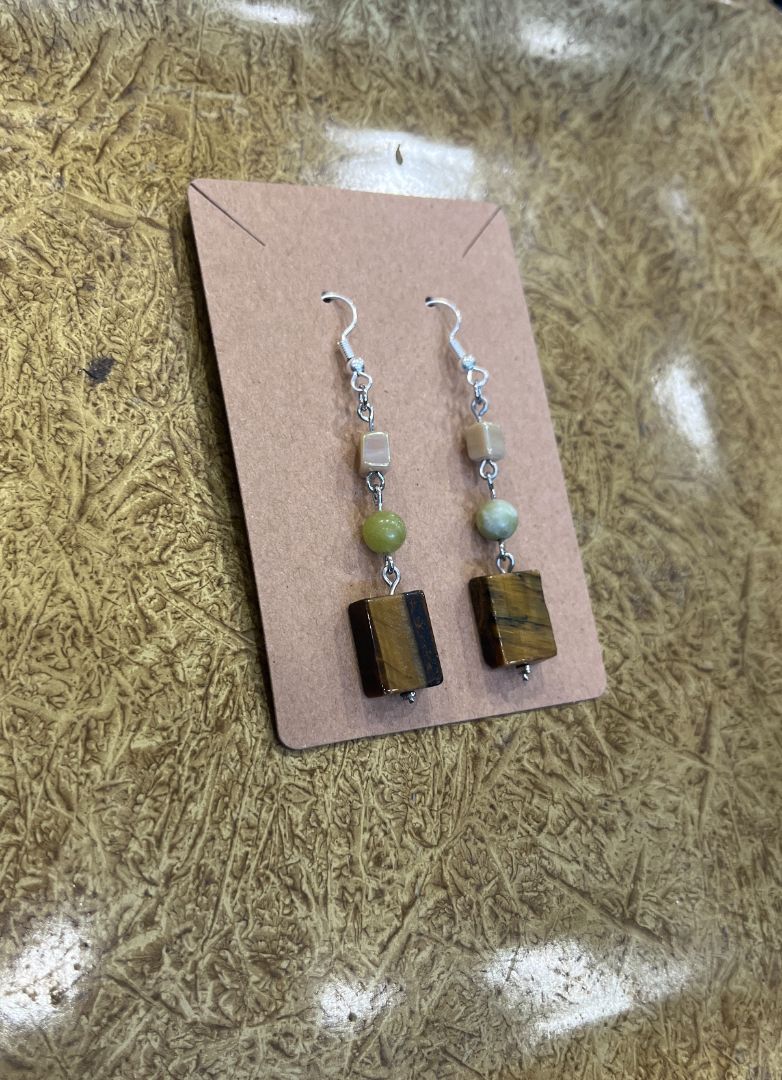 Tiger's Eye and Serpentine Wire Loop Earrings | Brown & Green | Handmade by Recycled Threads