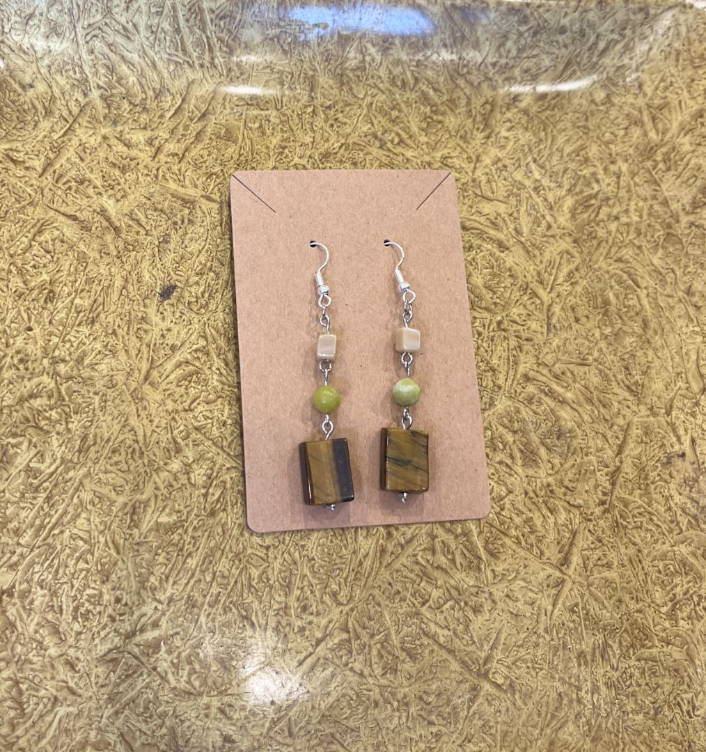 Tiger's Eye and Serpentine Wire Loop Earrings | Brown & Green | Handmade by Recycled Threads