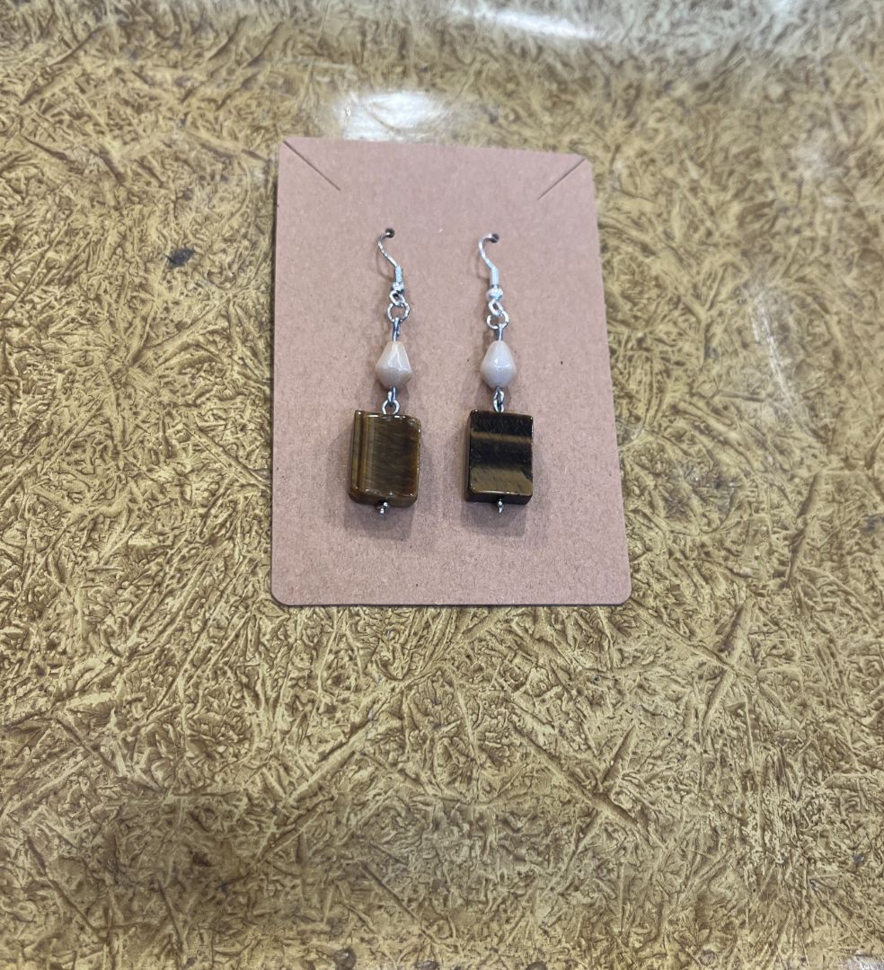 Minimal Tiger's Eye Earrings | Brown & Cream | Handcrafted by Recycled Threads