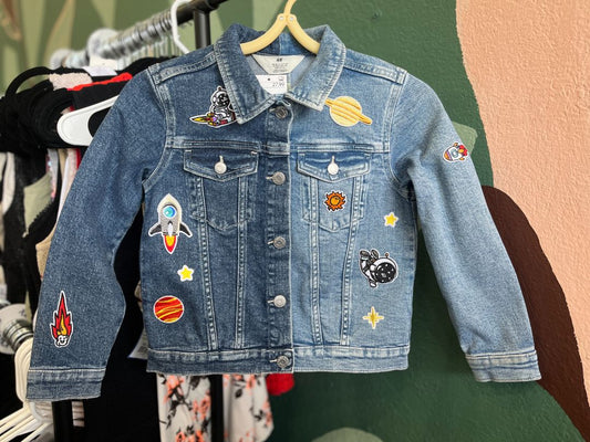 Custom Space Patchwork Denim Jacket | Children's US 7 NWT | Upcycled by Recycled Threads