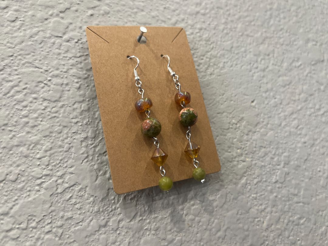 Unakite & Serpentine Beaded Silver Wire Earrings | Handmade