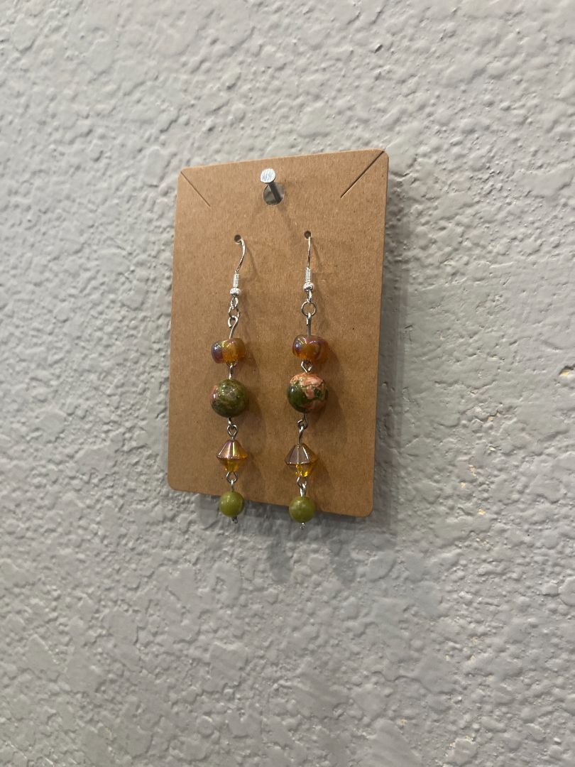 Unakite & Serpentine Beaded Silver Wire Earrings | Handmade