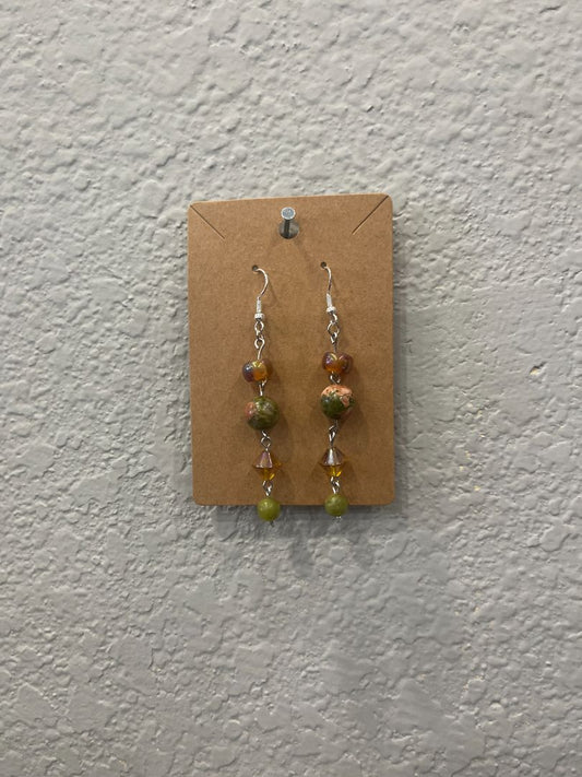 Unakite & Serpentine Beaded Silver Wire Earrings | Handmade