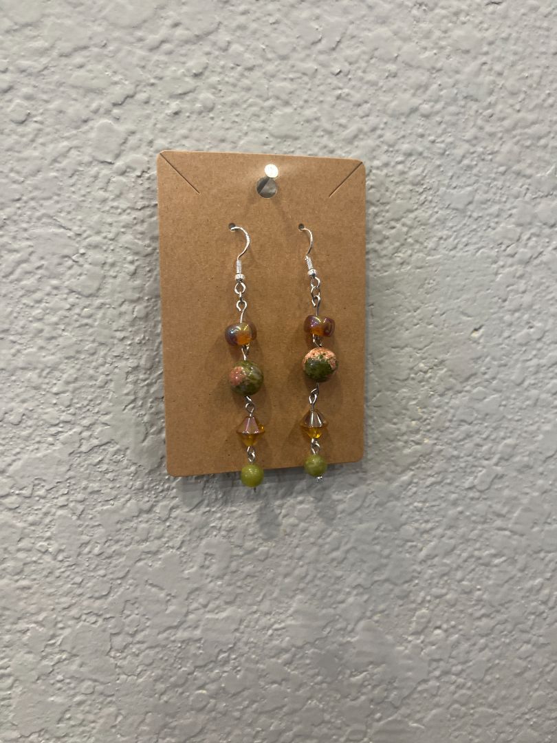 Unakite & Serpentine Beaded Silver Wire Earrings | Handmade