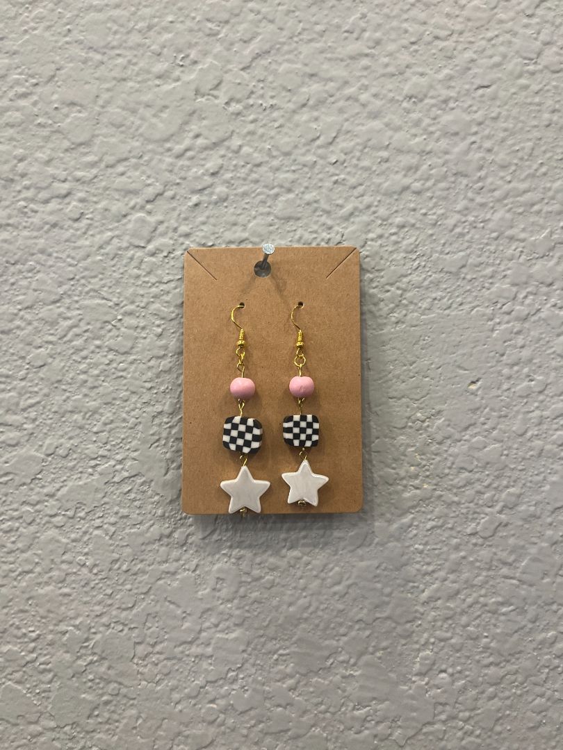 Star + Checkered Pink/Black Gold Wire Earrings | Handmade