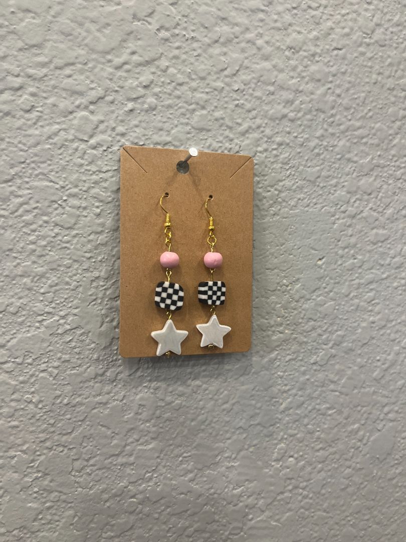 Star + Checkered Pink/Black Gold Wire Earrings | Handmade