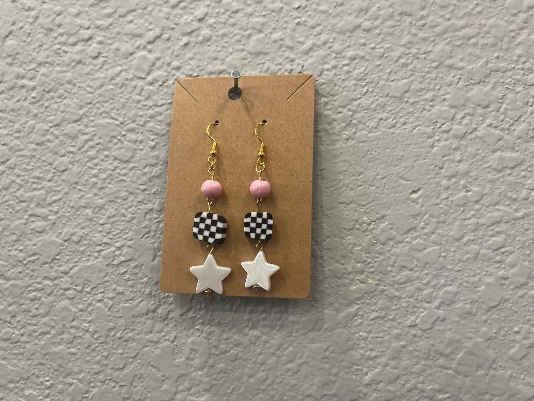 Star + Checkered Pink/Black Gold Wire Earrings | Handmade