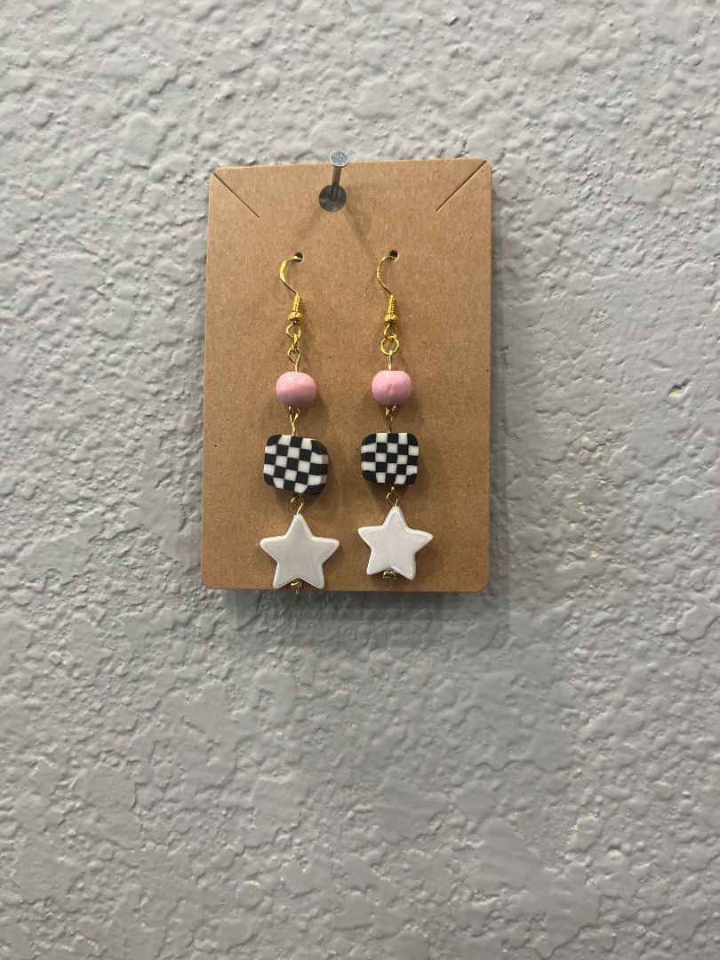 Star + Checkered Pink/Black Gold Wire Earrings | Handmade