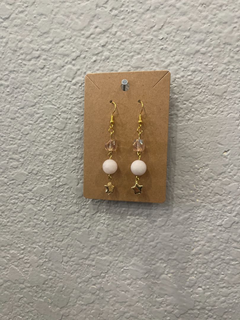 Rose Quartz + Stars Beaded Wire Earrings | Pink & Gold | Handmade