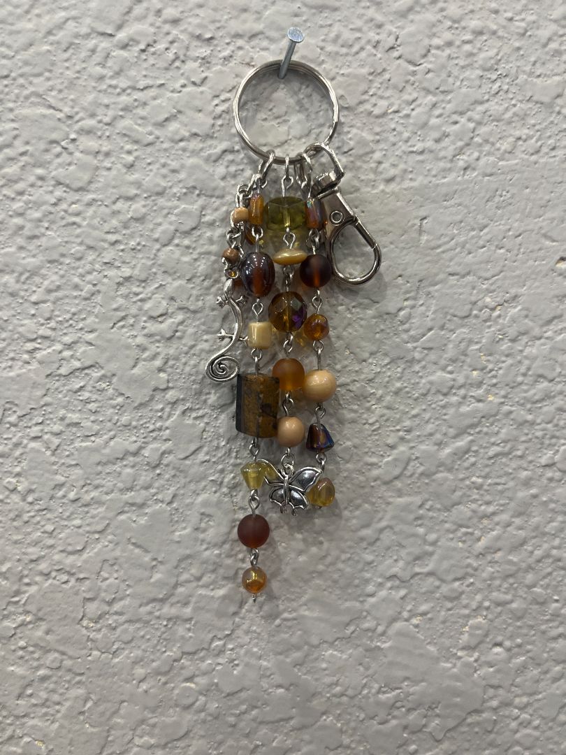 Tiger's Eye w/ Spiral Lizard Charm Silver Beaded Bag Charm/Keychain | Handmade