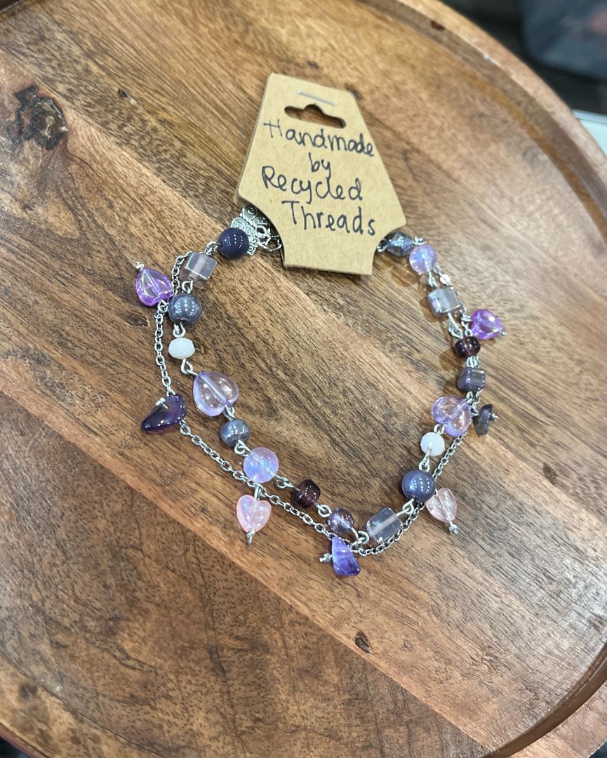 Amethyst Chip + Hearts Layered Silver Beaded Wire Anklet/Bracelet | Handmade Jewelry| 18-20cm