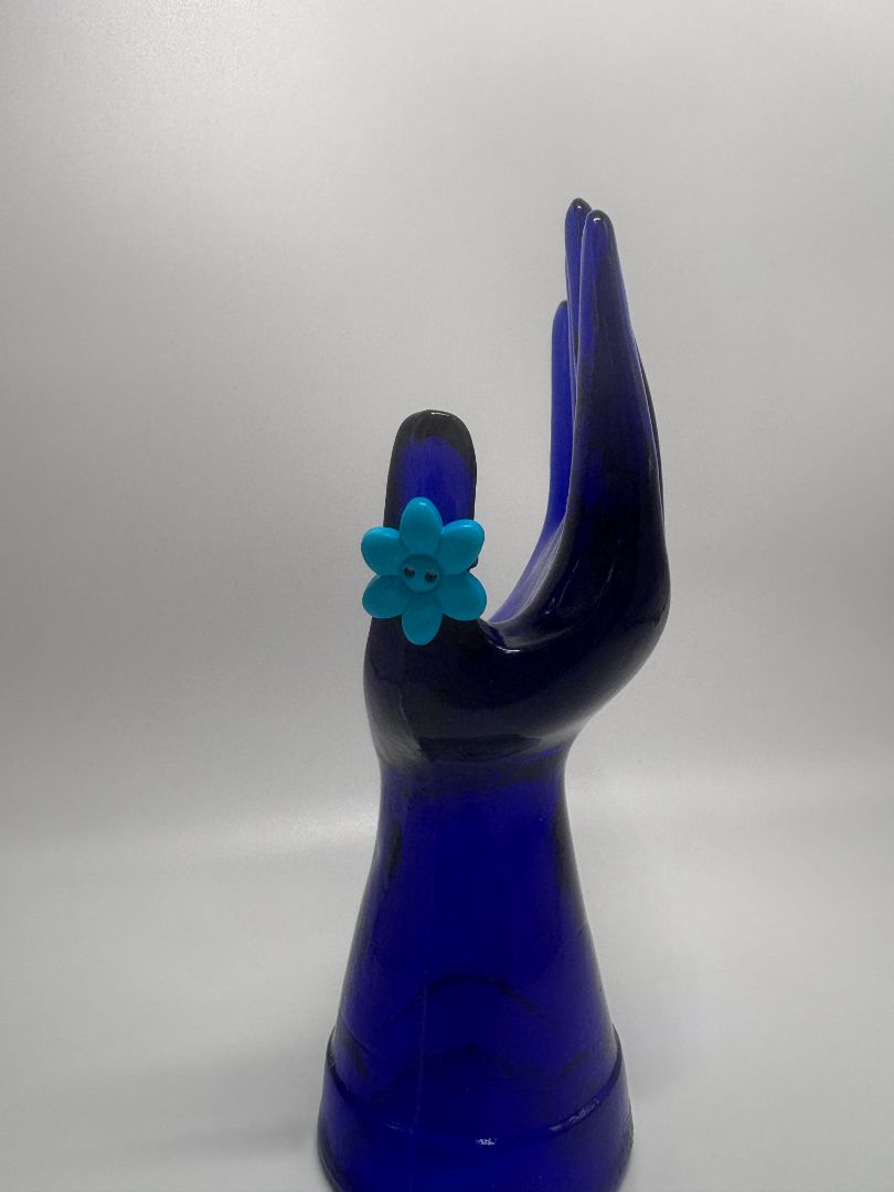Blue Flower Handmade Acrylic Button Adjustable Ring