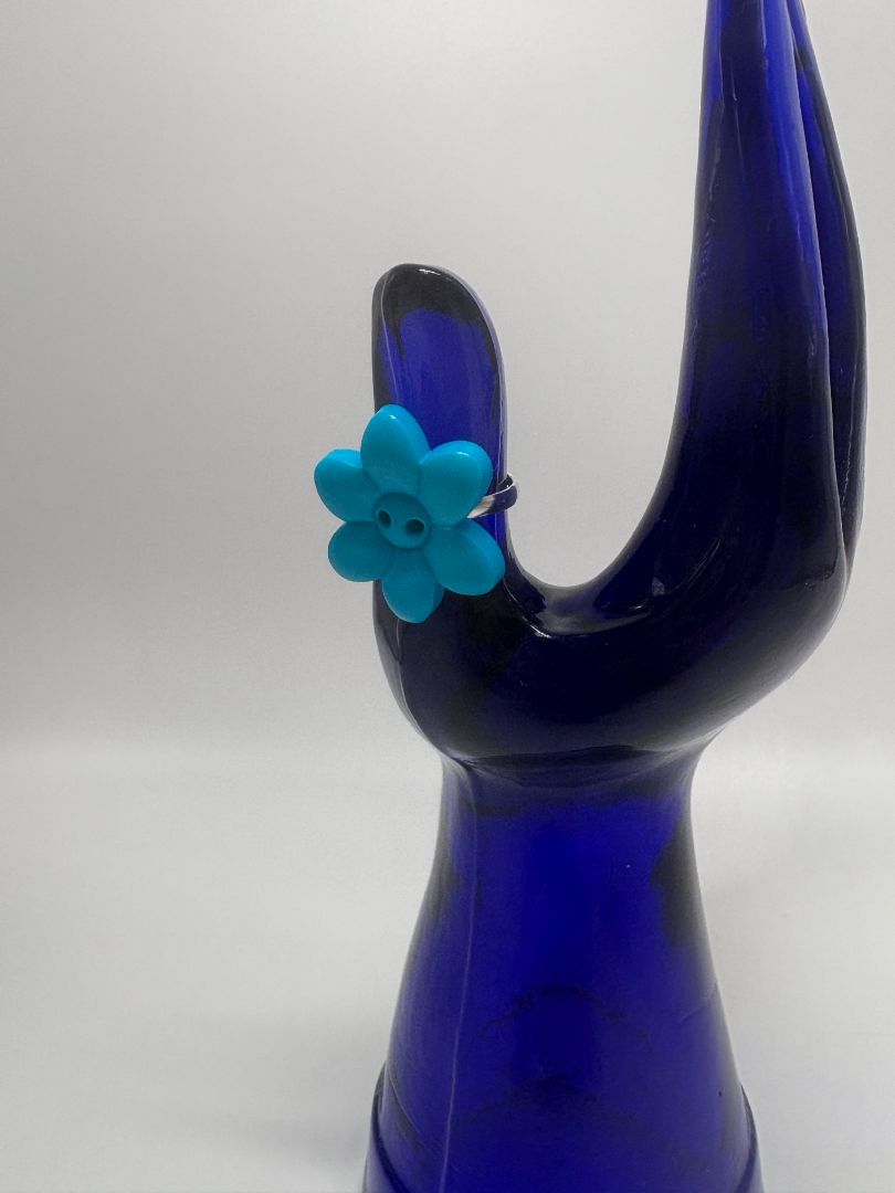 Blue Flower Handmade Acrylic Button Adjustable Ring