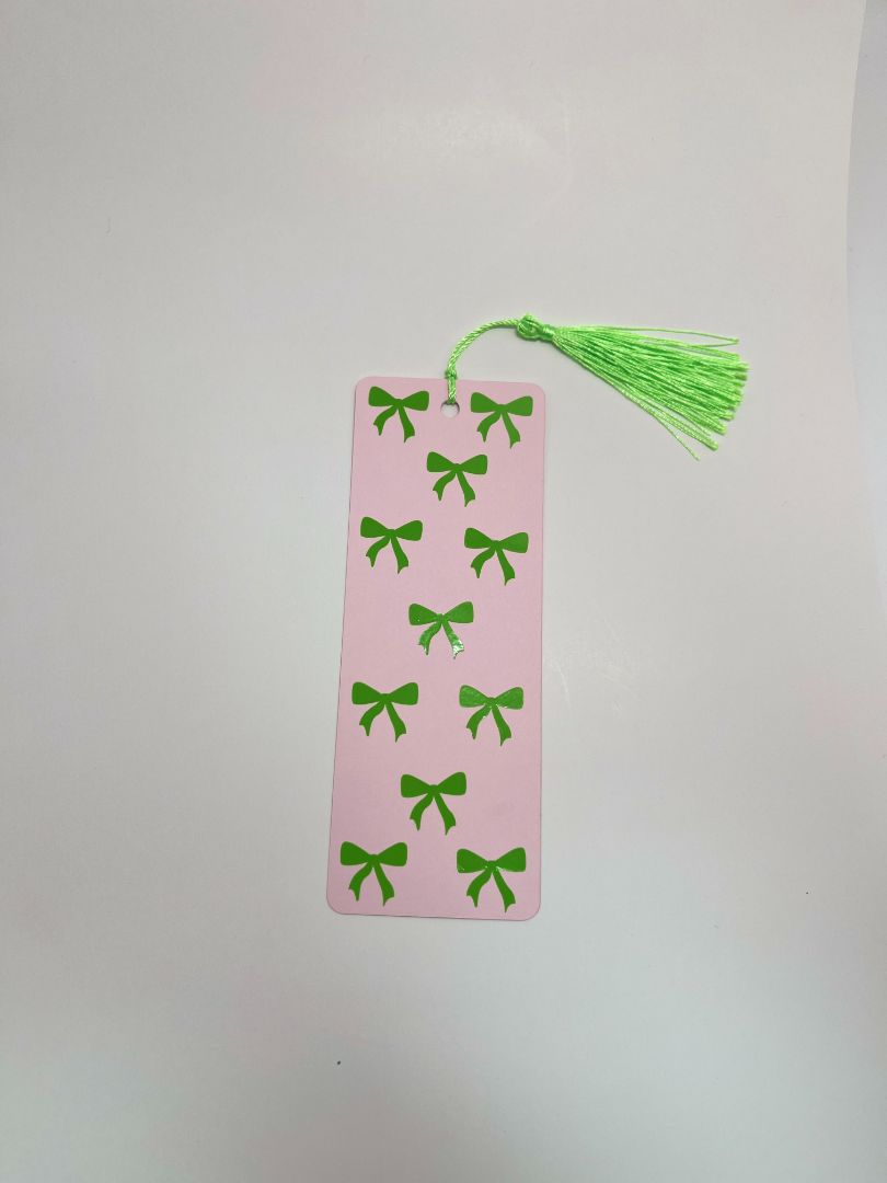 Lime Green & Pink Coquette Bow Bookmark | Blue Tassel | Hand Crafted