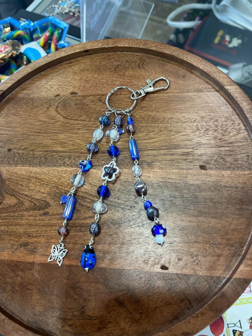 Blue & Purple Mushroom Dangle Silver Bag Charm/Keychain | Handmade