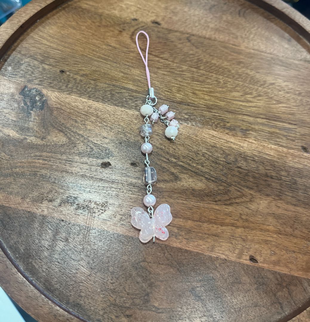 Pink Butterfly Dangle Beaded Phone Charm | Handmade