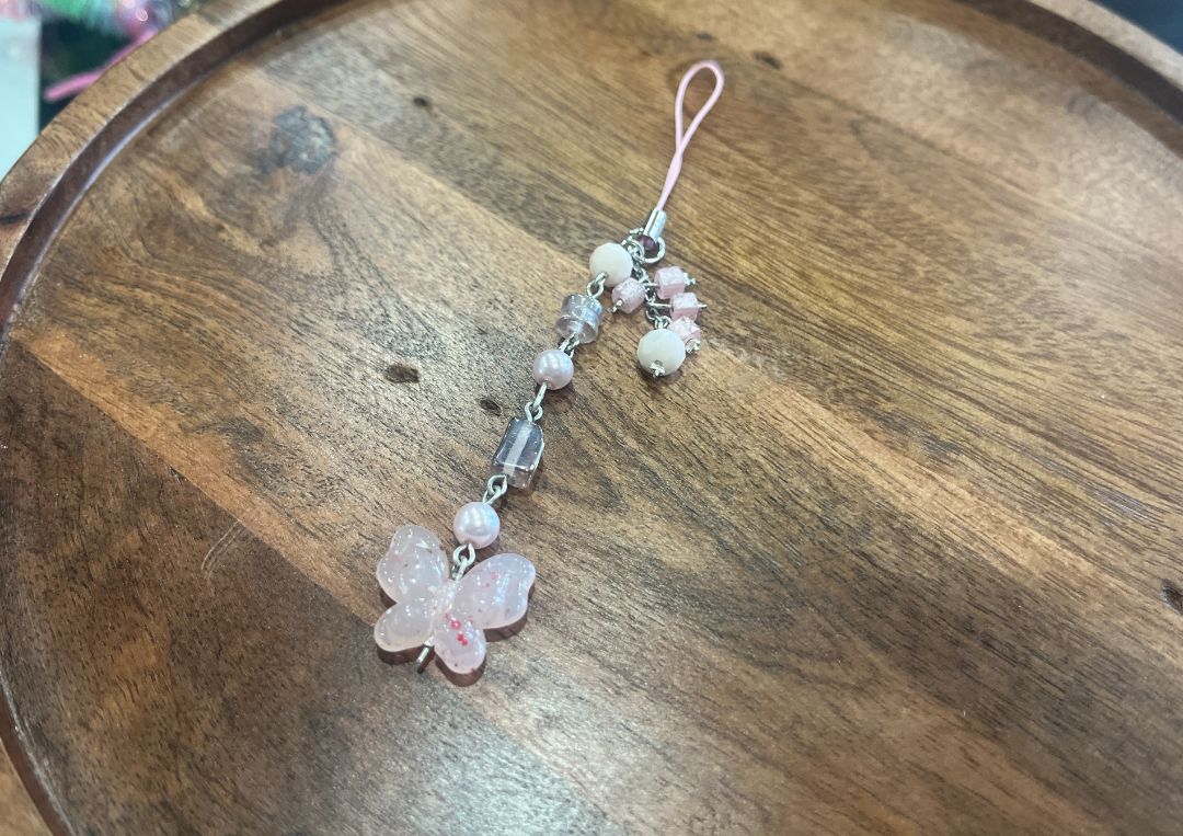 Pink Butterfly Dangle Beaded Phone Charm | Handmade