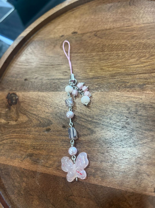 Pink Butterfly Dangle Beaded Phone Charm | Handmade