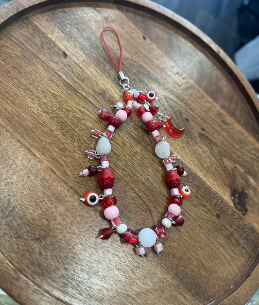 Red Evil Eye Protection & Rose Quartz Beaded Phone Charm | Handmade