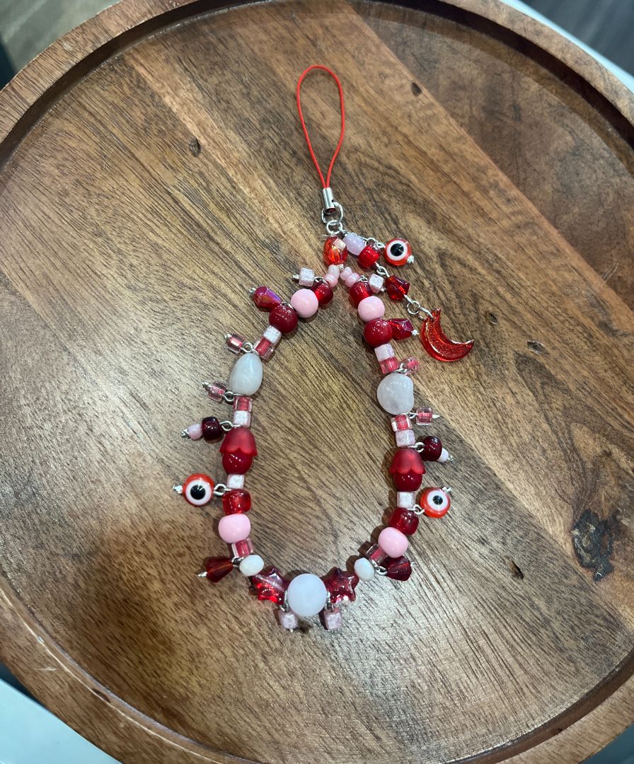 Red Evil Eye Protection & Rose Quartz Beaded Phone Charm | Handmade