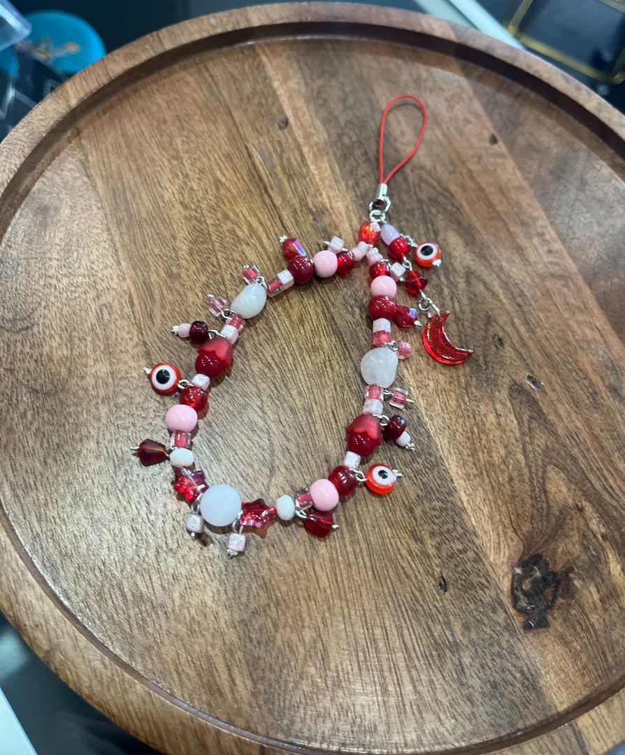 Red Evil Eye Protection & Rose Quartz Beaded Phone Charm | Handmade