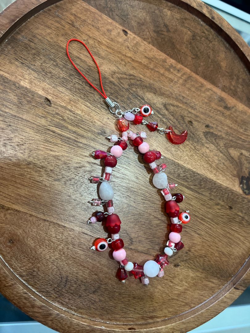 Red Evil Eye Protection & Rose Quartz Beaded Phone Charm | Handmade