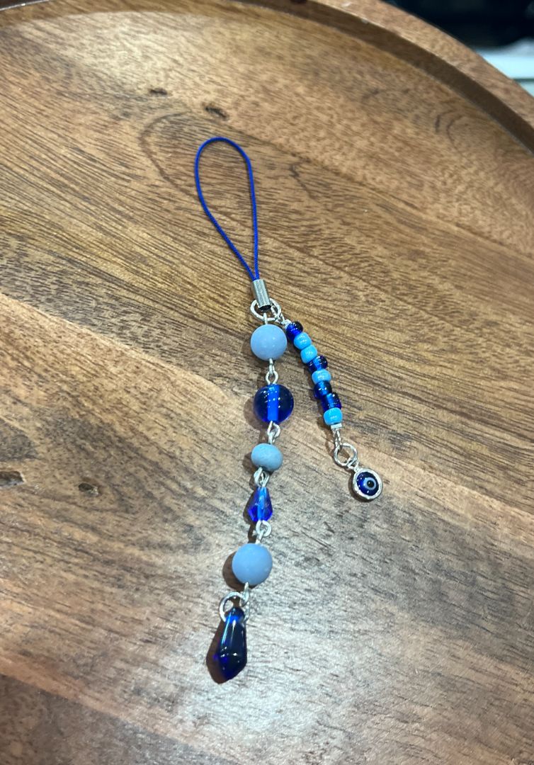 Angelite + Blue Evil Eye Protection Beaded Dangle Phone Charm | Handmade