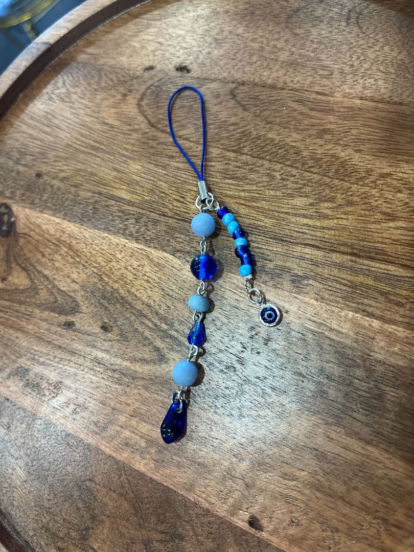 Angelite + Blue Evil Eye Protection Beaded Dangle Phone Charm | Handmade