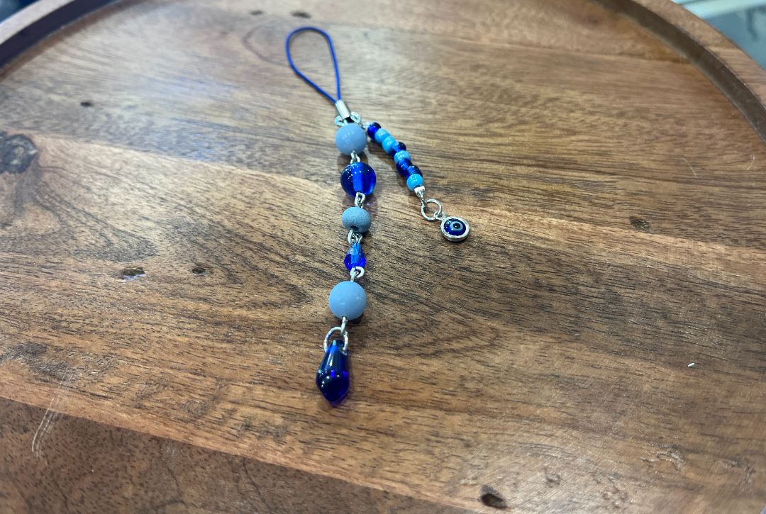 Angelite + Blue Evil Eye Protection Beaded Dangle Phone Charm | Handmade