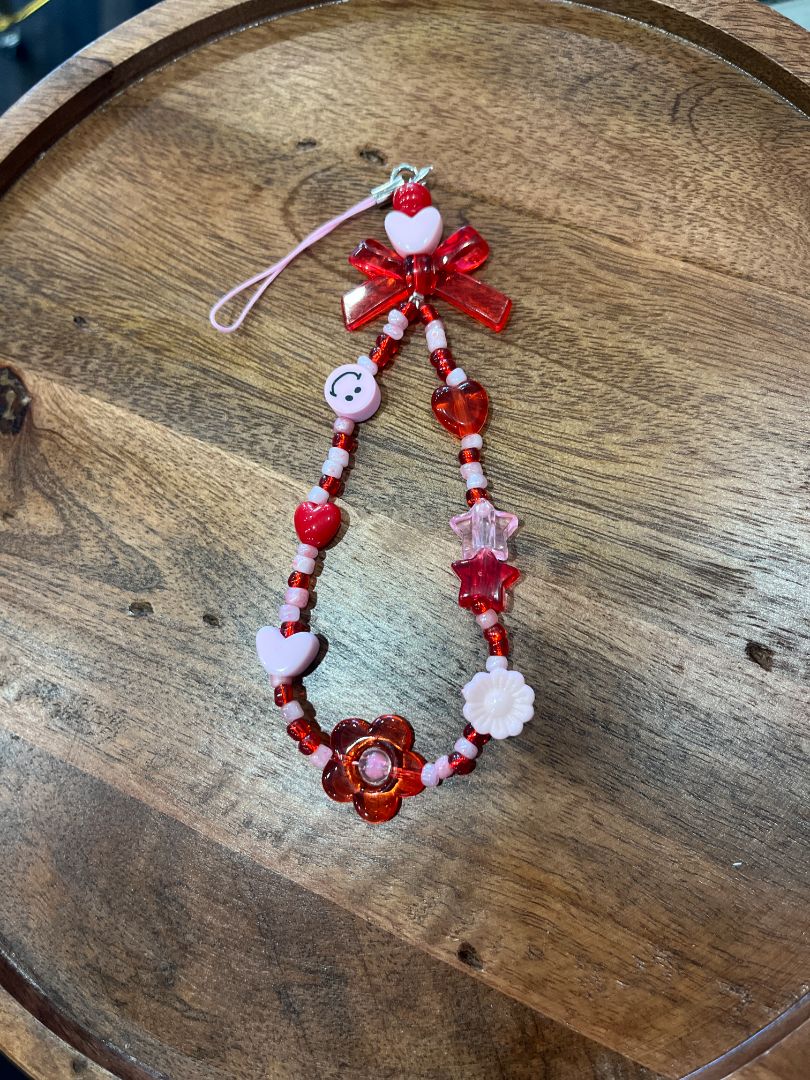 Pink & Red Chunky Bow & Hearts Beaded Phone Charm