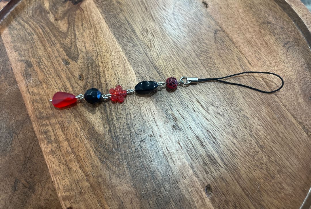 Red & Black Floral Bead Dangle Phone Charm | Handmade