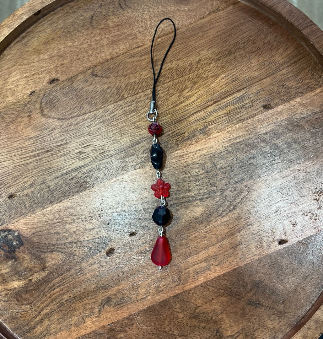 Red & Black Floral Bead Dangle Phone Charm | Handmade