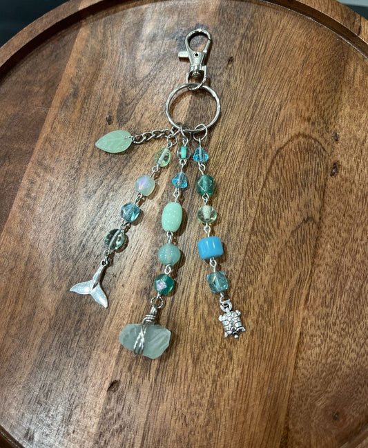 Blue & Green "Sea Glass" Inspired Beaded Dangle Bag Charm/Keychain